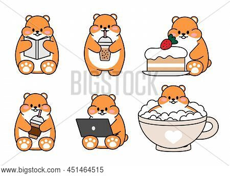 Set Of Cute Drawn Hamsters. Kawaii Hamster In A Big Mug Of Coffee Tea. Collection Of Avatars Mascots