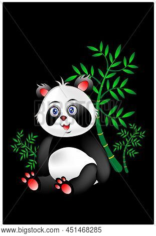 Cartoon Panda Relaxing On Bamboo With Black Background