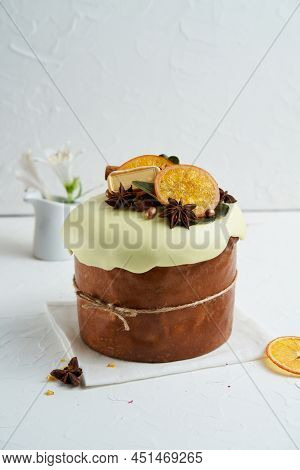 Traditional Cottage Cheese Easter Paskha And Eggs On White Table. Russian Paskha. Easter Dessert. Ea