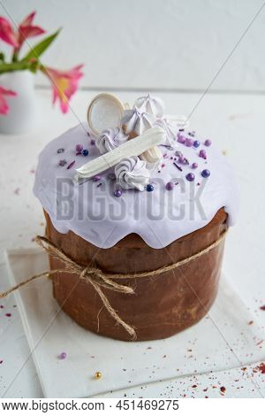 Traditional Cottage Cheese Easter Paskha And Eggs On White Table. Russian Paskha. Easter Dessert. Ea
