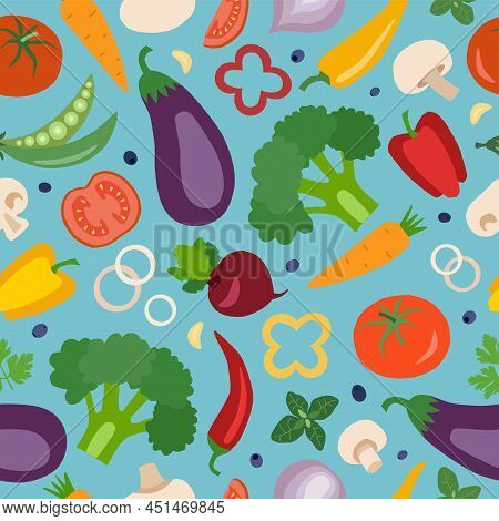 Seamless Pattern Of Bright Illustrations Of Tomato, Broccoli, Pepper, Eggplant. Healthy Food Backgro
