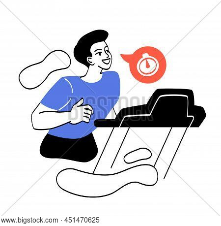 People Exercising At Gym. Man On Treadmill, Athlete Preparing For Marathon. Character Trying To Set 