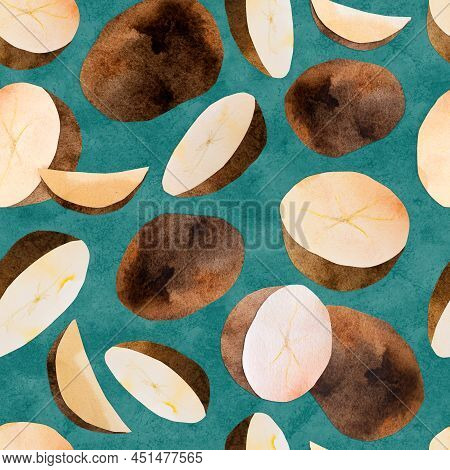 Hand-drawn Watercolor Papercut Potato Seamless Pattern. Bright Cute Kawaii Kidcore Style Illustratio