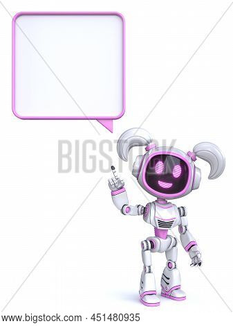 Cute Pink Girl Robot With Blank Comic Bubble 3d Rendering Illustration Isolated On White Background