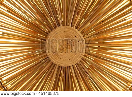Close Up To Round Circle Woven Straw Mat Wicker Pattern Of Local Thai Handmade Craft.