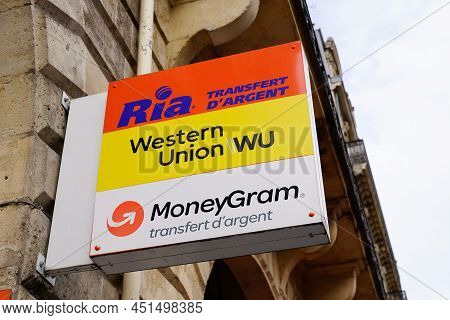 Bordeaux , Aquitaine  France - 03 12 2022 : Moneygram Western Union And Ria Money Transfer Sign Text