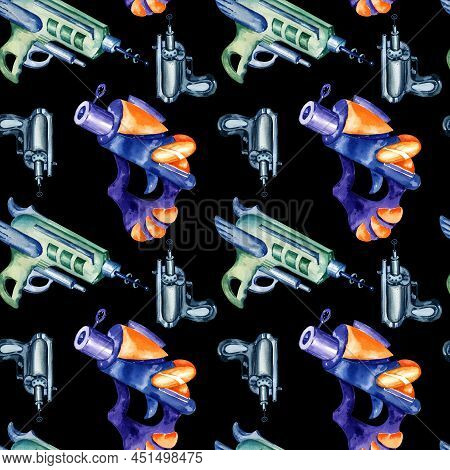 Seamless Pattern, Watercolour Hand Draw Illustration, Fantastic Weapons, Space Pistols, Blasters On 