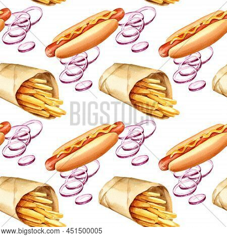 Seamless Pattern With Hot Dog, Fried Potatoes, Onion, Sause, Splashes, Watercolor Hand Drawn Illustr