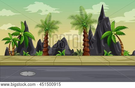 Background Scene With Rocks And Palm Trees Along The Way