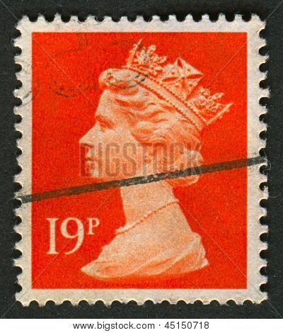 UK-CIRCA 1988:A stempel trykt i UK viser billede af Elizabeth II er den forfatningsmæssige monark af 16 