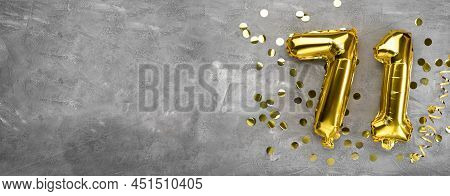 Yellow Foil Balloon Number, Number Seventy One On A Concrete Background. Greeting Card With The Insc