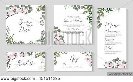 Vector Illustrationvector Herbal Wedding Invitation Template. Different Herbs, White Orchid, Green P