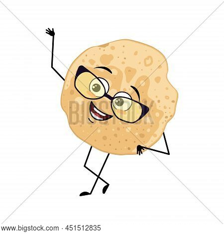 Pancake Character With Glasses And Happy Emotion, Joyful Face, Smile Eyes, Arms And Legs. Baking Per