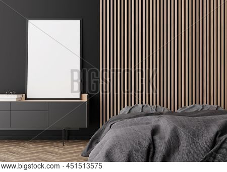 Empty Vertical Picture Frame On Black Wall In Modern Bedroom. Mock Up Interior In Minimalist, Contem