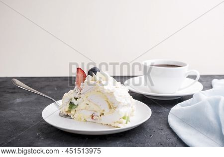 Mereng Cake With Fresh Berries And Fruits. Strawberries, Kiwi, Blackberries. Protein Dessert In Whit