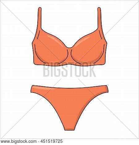 Fashionable And Colorful Orange Swimsuit. Two-piece Swimwear, Bikini Tops And Bottoms. Isolated On W