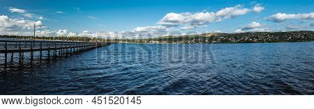 Rattvik, Dalarna, Sweden - 08 05 2019 Extra Large Panoramic View Over The Siljan Lake With The Pier