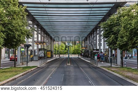 Stockholm, Sweden - 07 24 2019 The Sickla Kaj Tramway Stop From The Streetcar Line 22 In The Suburbs