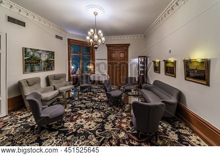Sundsvall, Vastnorrland County - 08 02 2019 Decorated Interior Design Of A Hotel Lobby Room With A V