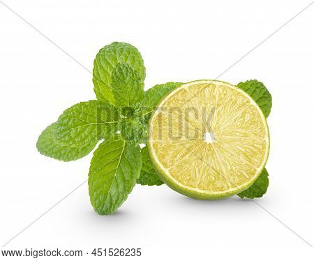 Fresh Lime Sliced With Mint Leaf Isolated On White Background