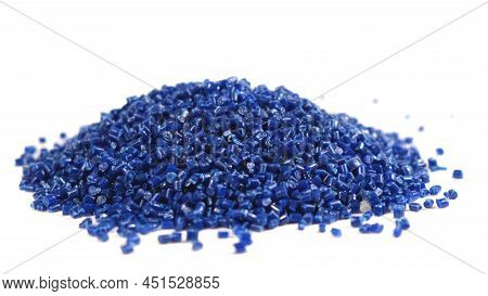 Secondary Granule Made Of Polypropylene, Blue Plastic Pellets Crumbles To The Table. Plastic Raw Mat