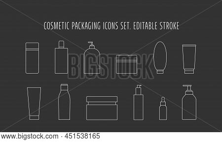 Cosmetic Plastic Bottle Icon Set For Packaging Design. Vector Stock Illustration Isolated On Black C