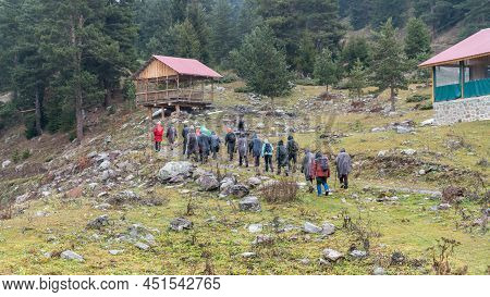 Savsat, Artvin, Turkey - November 2021: Group Of People Hiking In Black Sea Region Forests Highlands
