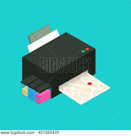 Color Printer Is Printing A Map Isometric 3d Vector Illustration