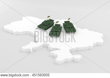 Stylich 3d Map Of Ukraine In Shades Of Grey With Tanks On It On Light Background