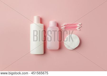 Cosmetics Spa Branding Mock Up Top View On Pink Background, Banner For Your Brending, Cosmetology, S
