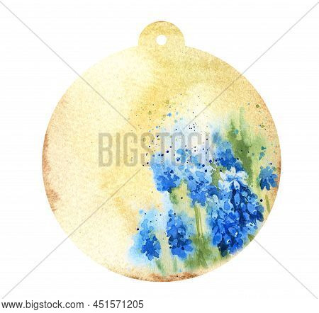 Watercolour Round Beige Label With Blue Hyacinths, Spring Flowers, Old Paper Texture, Hand Drawn Ske