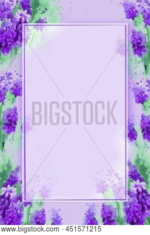 Purple And Lilac Background For Greeting Card With Watercolour Spring Flowers, Hand Drawn Sketch