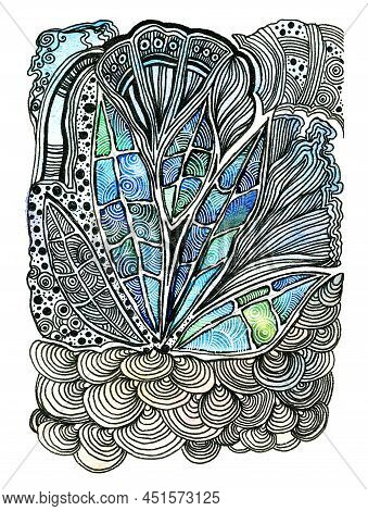 Abstract Hand Draw Patterns, Background In Blue-green Tones, Watercolor And Graphics, Doodling, Plan