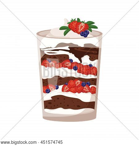 Delicious Puff Trifle With Chocolate Biscuit, Strawberries And Blueberries, Cream And Berries. Sweet