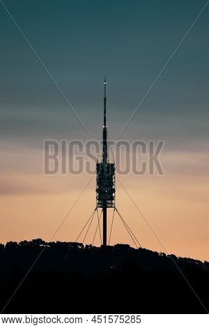Barcelona, Spain: December 30 2020: Collserola Tower During Sunset In Barcelona.