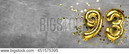 Yellow Foil Balloon Number, Number Ninety-three On A Concrete Background. Greeting Card With The Ins
