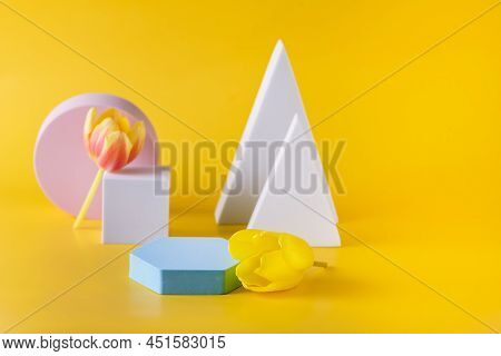 Abstract Minimal Scene Empty Stages And Geometric Podium On Yellow Background Pedestal For Cosmetic 