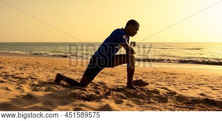 Saly, Mbour, Senegal - Circa December 2021. Unidentified Mature Man Doing Sport Abdominal Musculatio