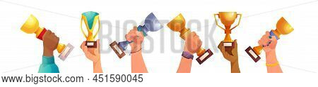 Winner Multiethnic Handsholding A Goblet In Hand, Idea Of Achievement, Leadership, Victory, Success.