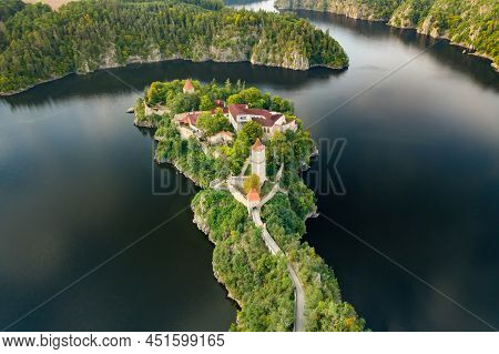 Panoramic View Of Zvikov Castle On The Hill Surrounded By River Vltava And Otava In South Bohemia Re