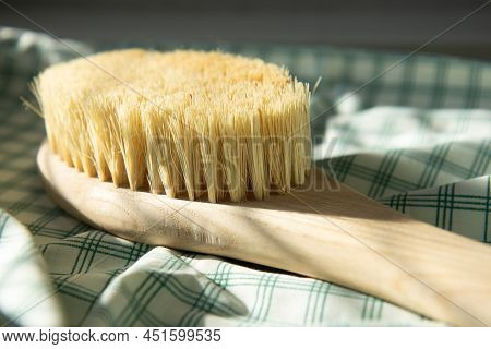 Dry Natural Bristle Brush With Wooden Handle For Anti Cellulite Massage. Close-up Of Massage Brush F