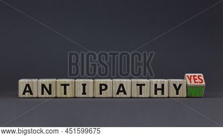 Antipathy Yes Or No Symbol. Psychologist Turns A Wooden Cube And Change Words Antipathy No To Antipa