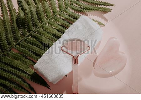 Face Massage Tools On A Fern Leaf. Facecare Concept. Leafs Shadow On A Pink Background