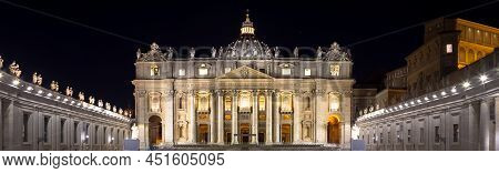 Papal Basilica Of Saint Peter In  Vatican City Illuminated By Night, Designed By Michelangelo And Be