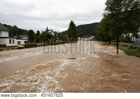 Summer Flood Of The Kyll In Muerlenbach In The Eifel In July 2021