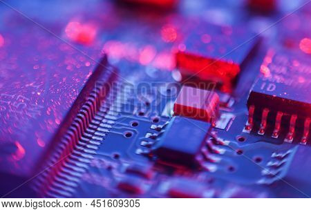 Computer Microchips And Processors On Electronic Circuit Board.  Computer Hardware Technology. Abstr
