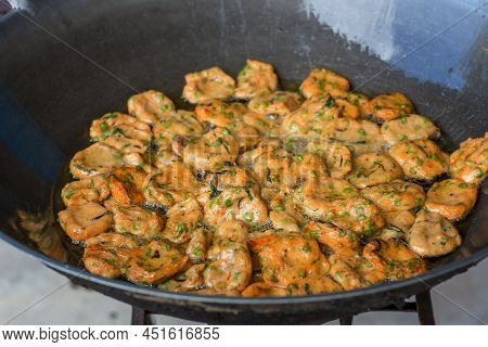 Fried Spicy Fish Pancake, Recommend Thai Local Food For Traveler And Tourist. Deep Fried Fish Paste 