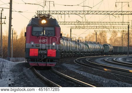 Sharya, Russia - March 19, 2022: Electric Locomotive 2es5k 