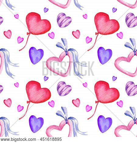 Seamless Pattern With Heart, Valentine Day Theme, Watercolour Hand Draw, Pink And Blue Colour On Whi