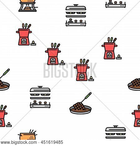 Fondue Cooking Delicious Meal Vector Seamless Pattern Thin Line Illustration